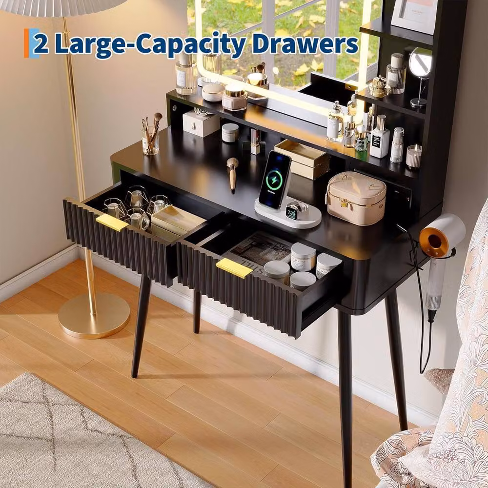 London Boutique Modern Makeup Vanity Desk with LED Mirror and Power Outlet in Black and Gold – 4