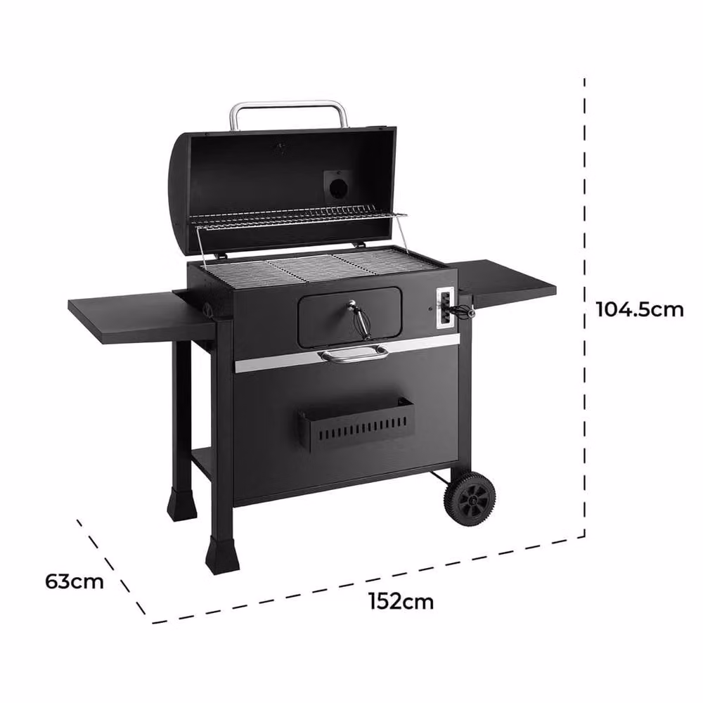 FLAVORA XXL Offset Charcoal BBQ Smoker Grill with Thermometer in Black, W/D/H: 152.0 x 104.5 x 63.0 cm – 2