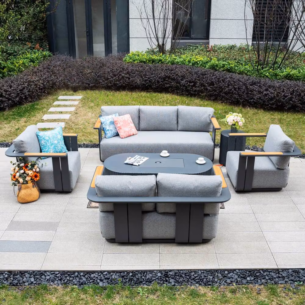 Terrafab MIMO Outdoor Aluminum Sofa Set with Teak Armrests and Fire Pit Table in Grey – 4