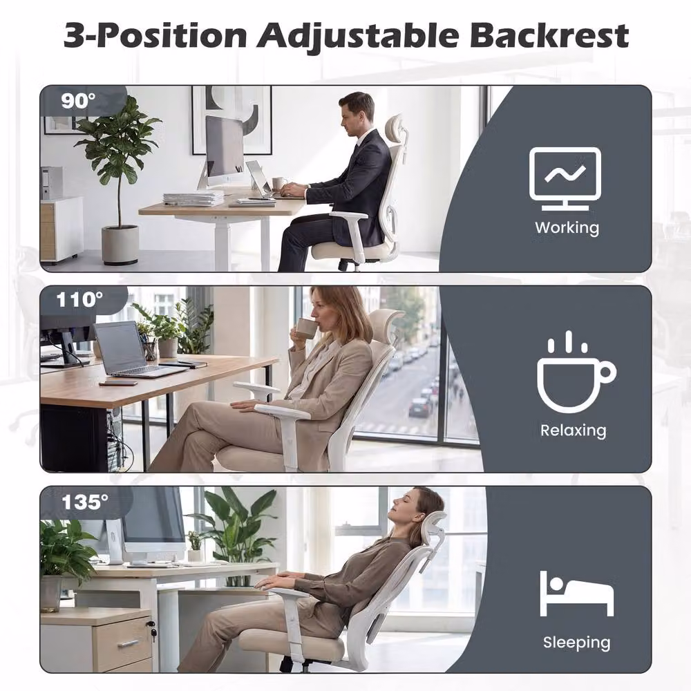 Gymax Ergonomic High Back Office Chair with Headrest, Lumbar Support and Armrests in Beige Fabric – 3