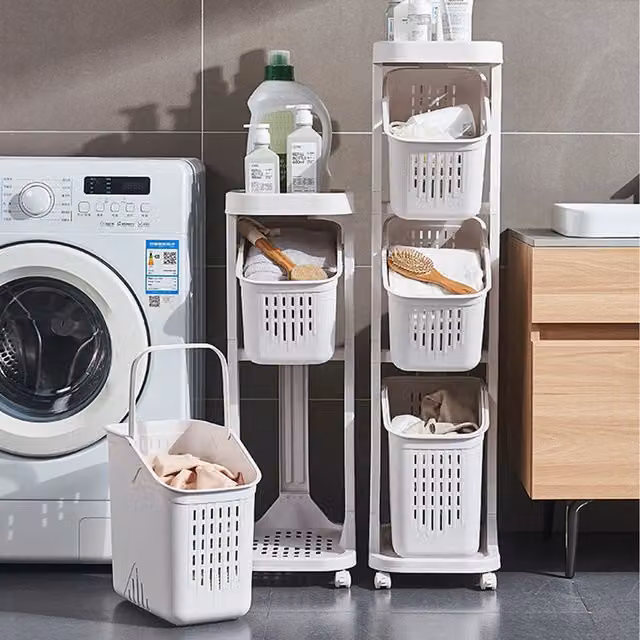 Livingandhome 4-Tier Plastic Laundry Basket on Wheels with Handles, White
