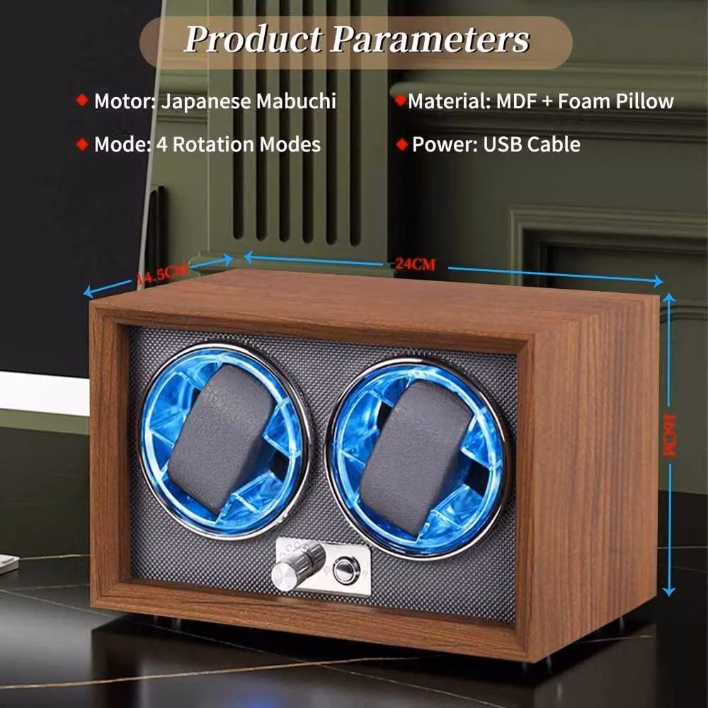 EONLION 2 Slot LED Light Watch Winder with Flexible Watch Pillows and 4 Rotation Modes in Brown – 2