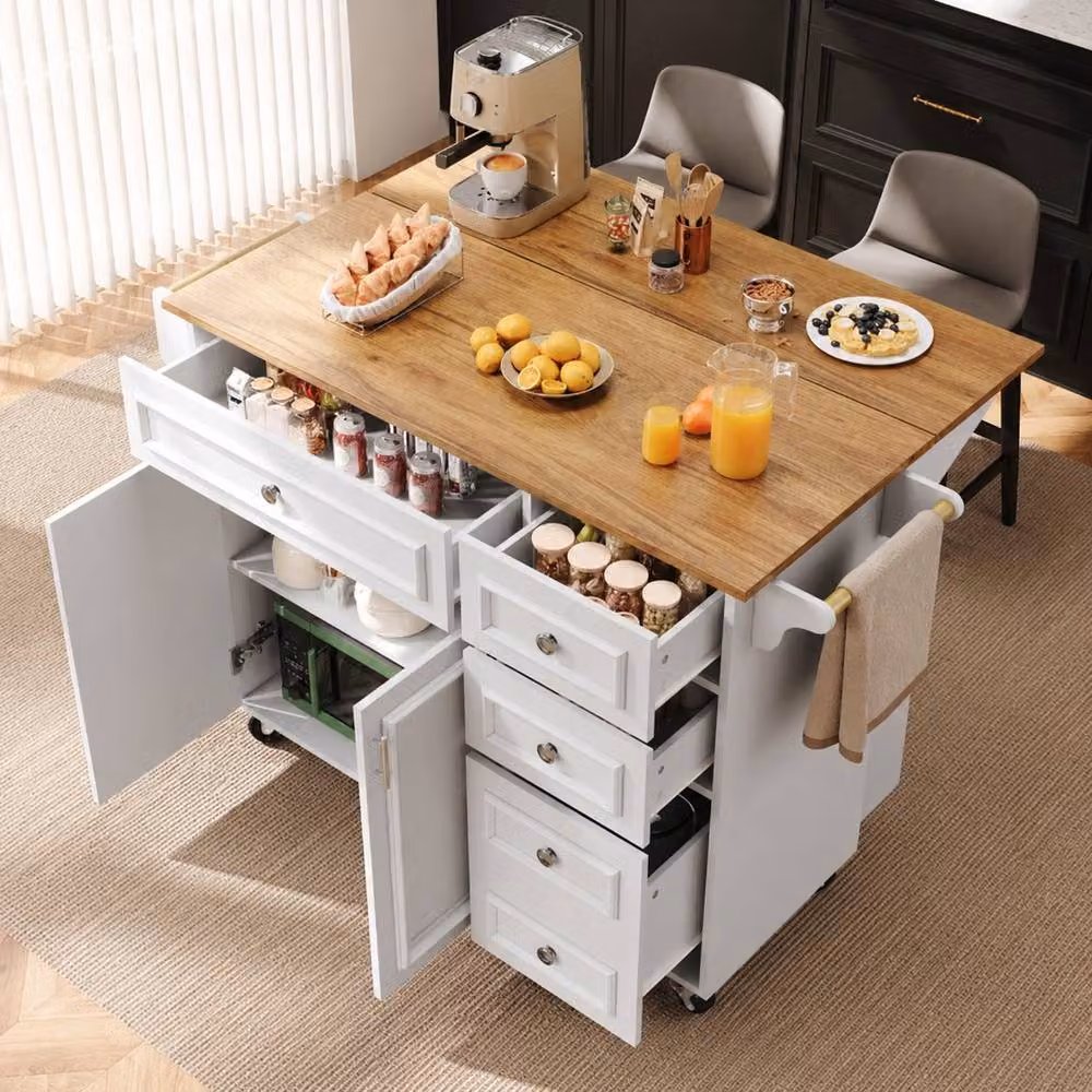 Merax Mobile Kitchen Island Serving Trolley with Foldable Worktop and 4 Drawers, White, W/D/H: 92 x 75 x 110 cm – 2