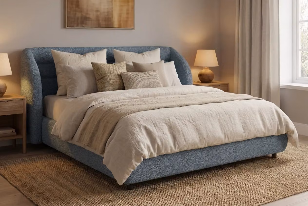 Araco Atelier Drift Spindle Upholstered Bed in Beige, Grey or Blue