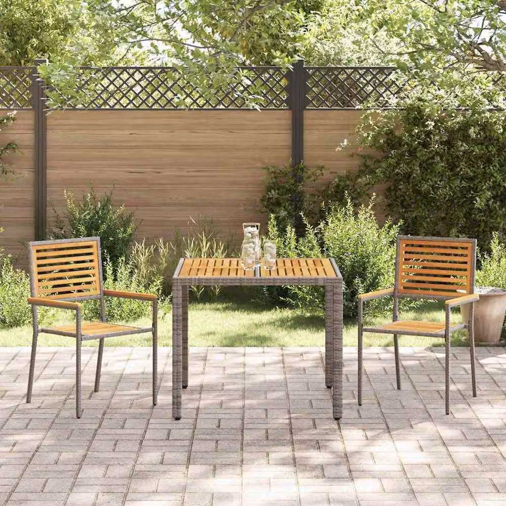 Berkfield Home 3 Piece Modern Grey Poly Rattan and Acacia Wood Garden Dining Set – 3
