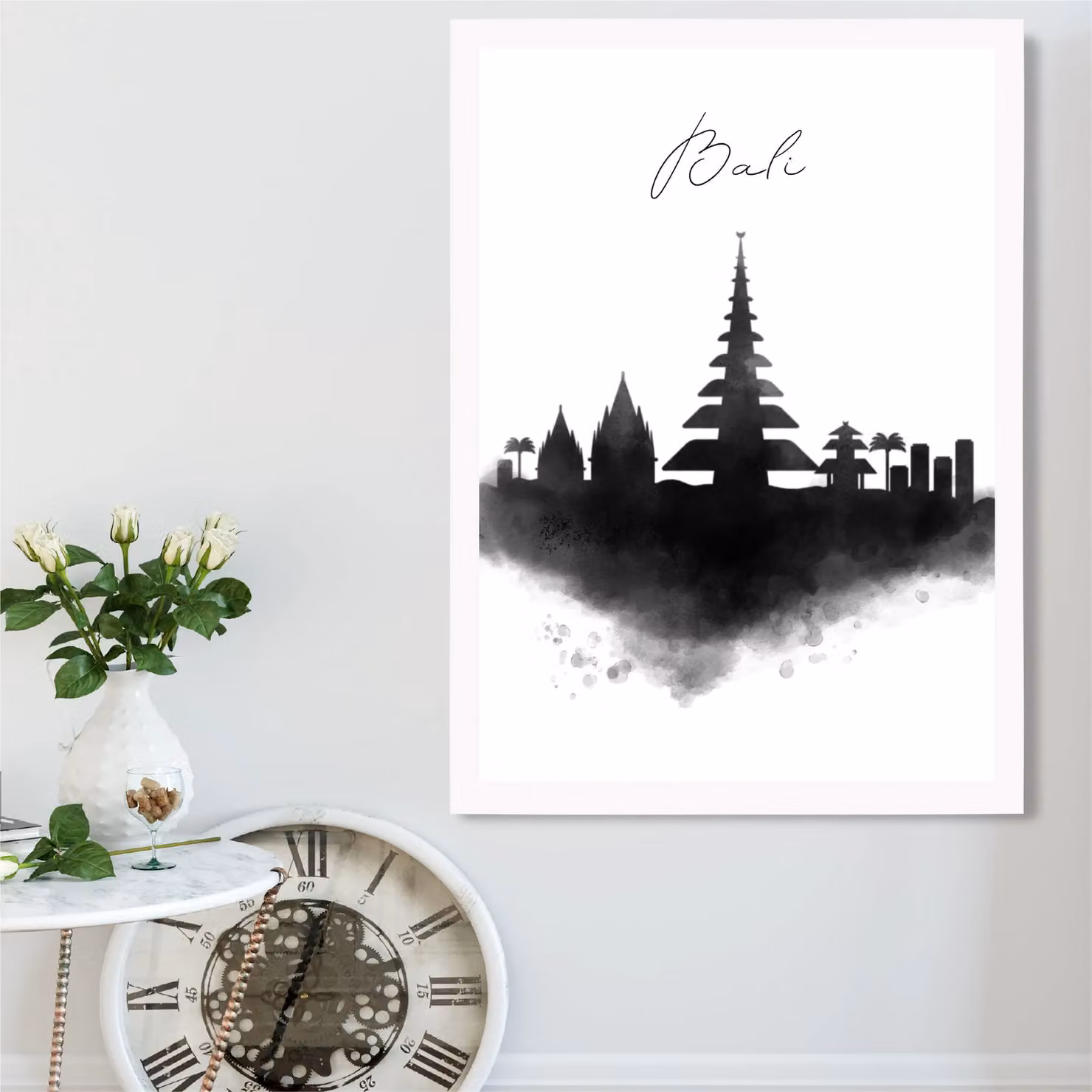 ARTZE Bali Watercolour Skyline City Framed Print in Black and White, A3 – 2
