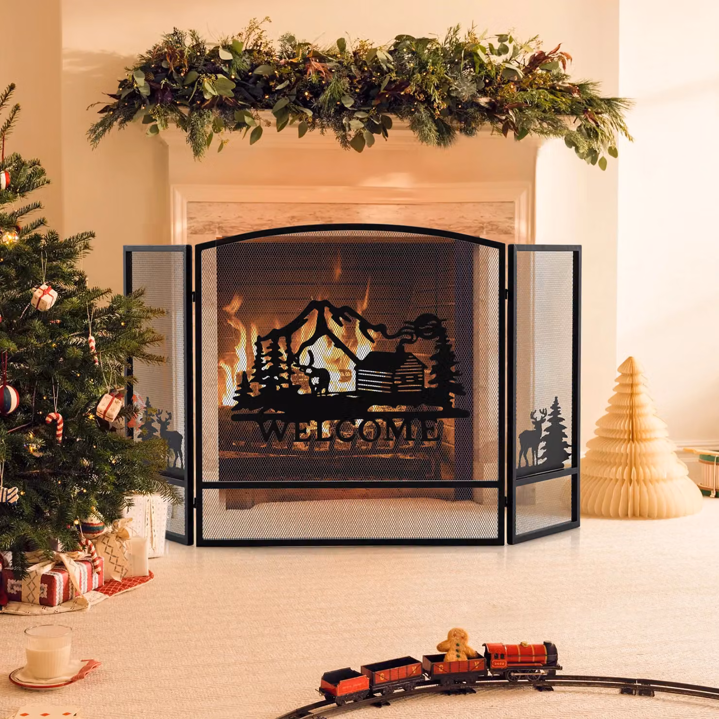 Costway 3-Panel Folding Fireplace Spark Guard with Natural Scenery and Moose Pattern, Black, W: 139 cm, H: 75 cm, D: 75 cm – 5