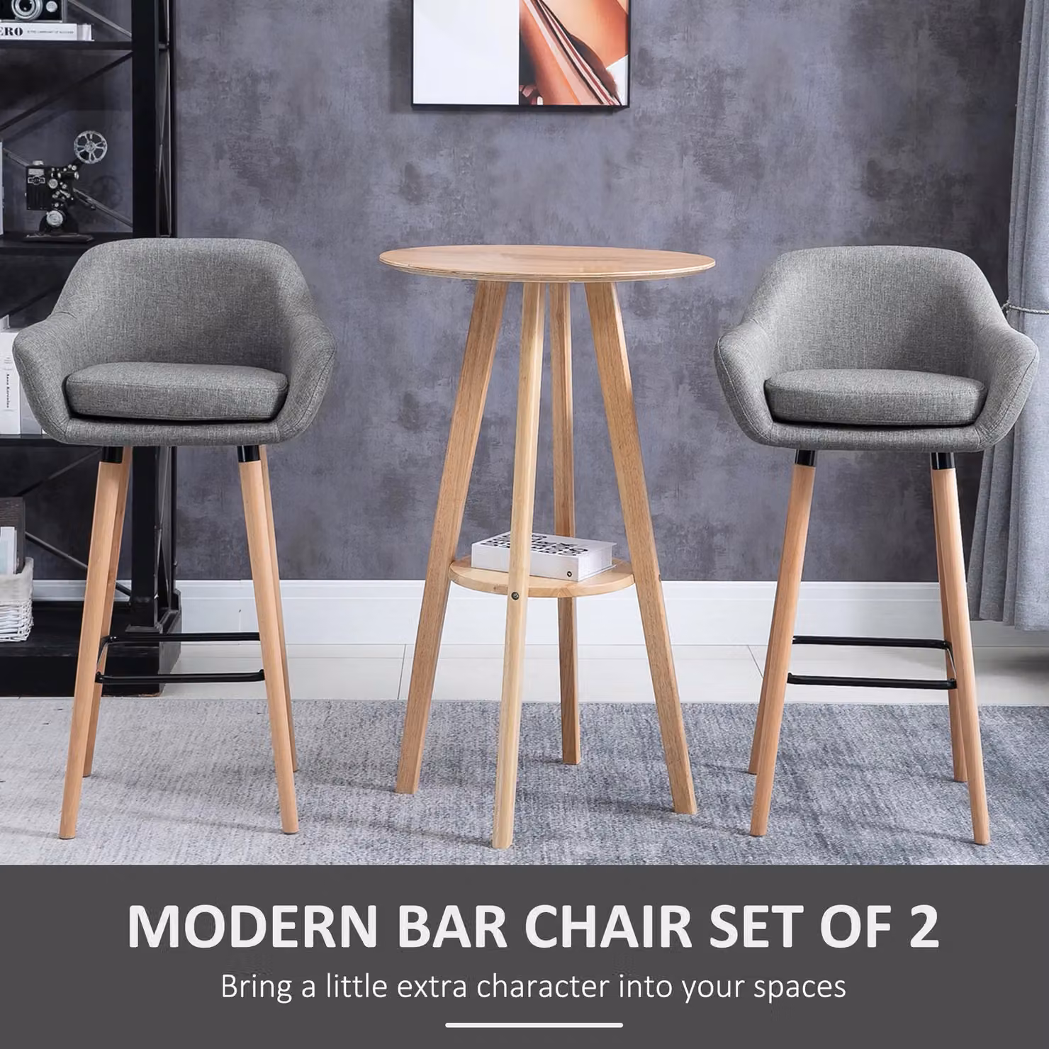 HOMCOM Set of 2 Modern Upholstered Fabric Bucket Seat Bar Stools with Armrests and Wood Legs in Grey – 3