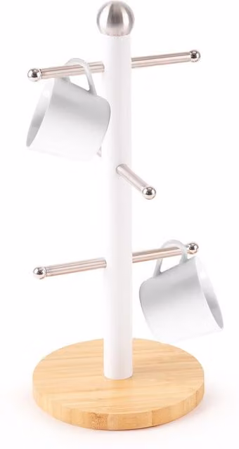 Royalford White Mug Tree with 6 Hooks and Bamboo Base