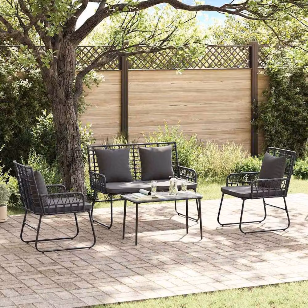 Berkfield Home 3 Piece Poly Rattan and Steel Garden Dining Set with Pillows in Matt Black – 2