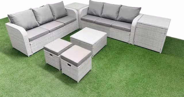 Fimous 8 Seater Grey Wicker Rattan Garden Furniture Set with High Back Lounge Sofas, Stools, Square Coffee Table and 2 Side Tables
