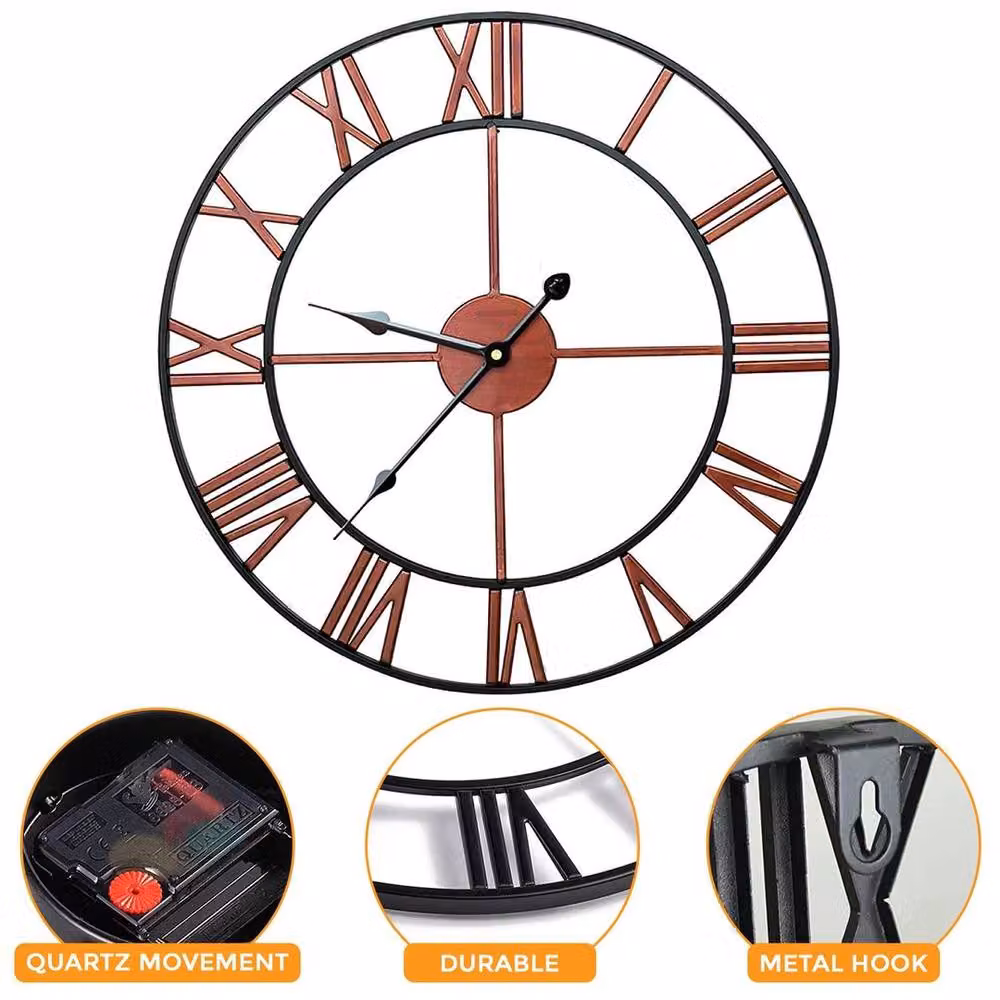 FLAVORA Copper-Garden Roman Large Analog Round Metal Wall Clock in Bronze, Diameter: 60 cm – 3