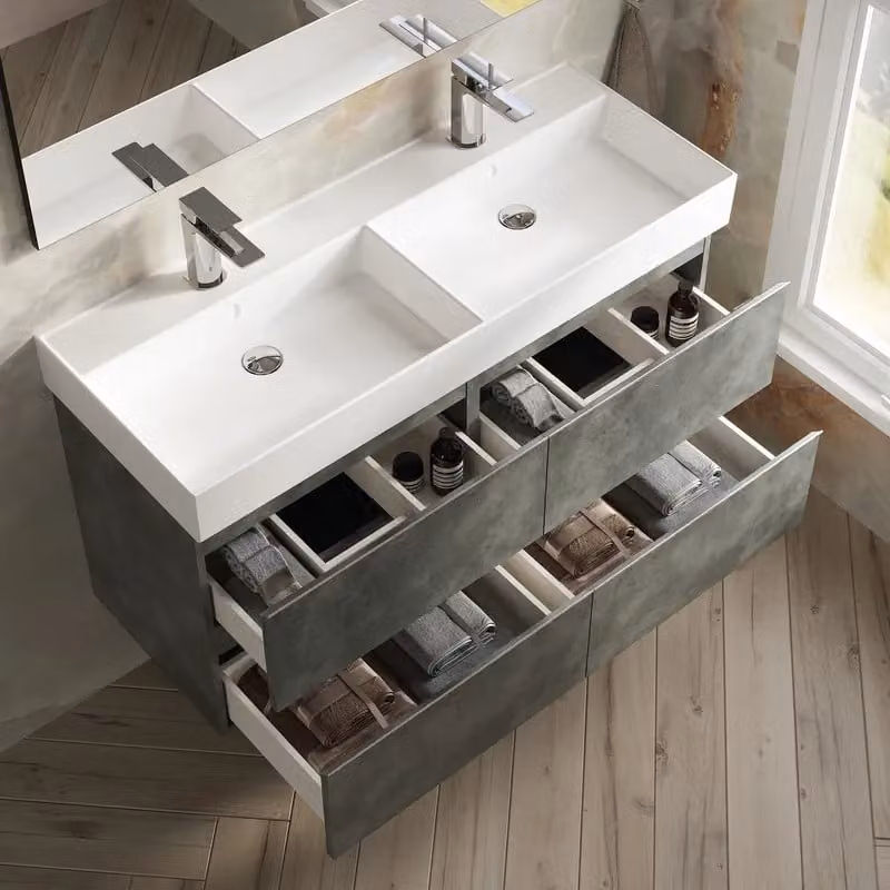 Banyetti Vatilla Wall Hung Vanity Unit with Veneto 2TH Basin, Cemento Grey, W: 120 cm – 3
