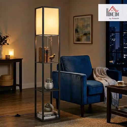 HOMCOM Modern Black Floor Lamp with 3-Tier Storage Shelves and E27 Bulb Socket – 2