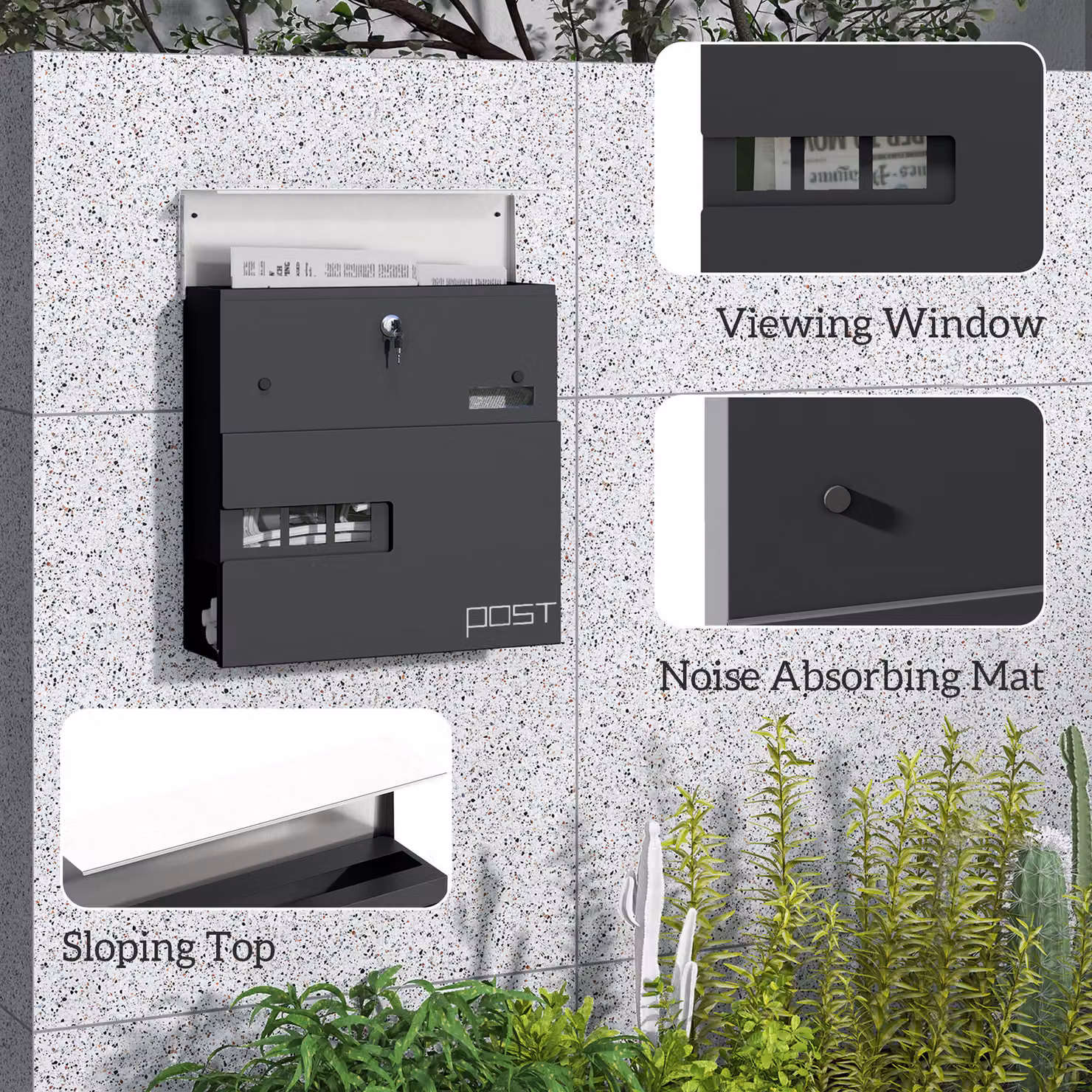HOMCOM Wall Mounted Steel Letterbox with Viewing Window and 2 Locks, Charcoal Grey – 6