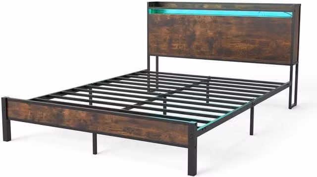 KORVIXA King Size Metal Bed Frame in Brown with Under-Bed LED Lighting, USB Charging Ports and Side Compartment Storage, W/D/H: 180 x 200 cm