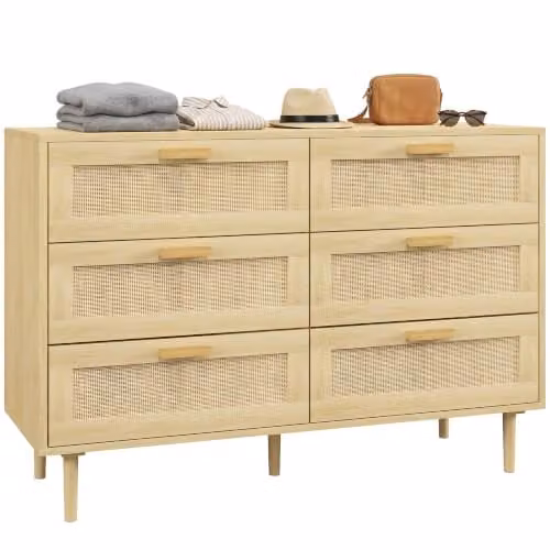 HOMCOM 6 Drawer Oak Chest of Drawers with Bohemian Rattan Design, Brown and Beige, W/D/H: 110 x 40 x 75 cm – 1