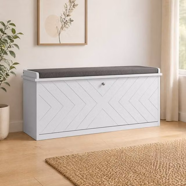 STILVORA Shoe Storage Bench with Padded Fabric Seat in White – 1