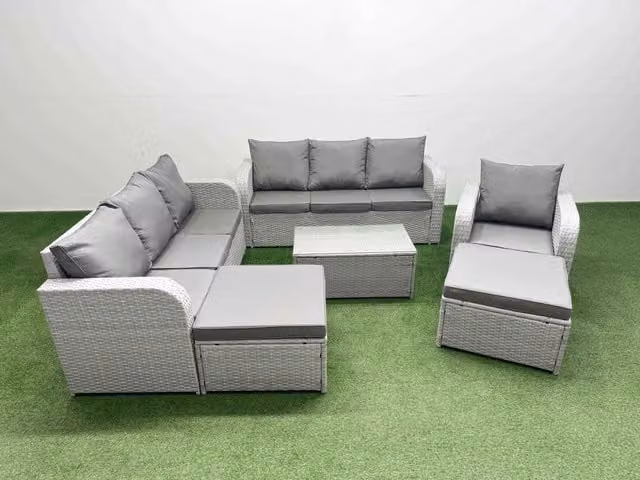 Fimous 9 Seater Poly Rattan Outdoor Garden Furniture Set in Light Grey with 3 Seater Sofa, Reclining Chairs, Ottomans and Coffee Table
