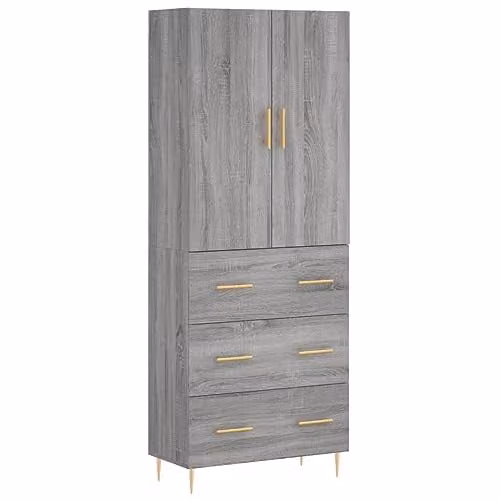vidaXL Modern Grey Sonoma Highboard with Hinged Doors and Internal Shelves, W/D/H: 69.5 x 34 x 180 cm