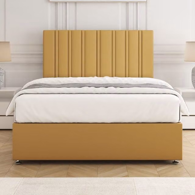 BSSPOKE Sienna Plush Velvet Divan Bed Set with 24 inch Headboard and Mattress in Mustard Yellow, W/D/H: 140 x 200 cm