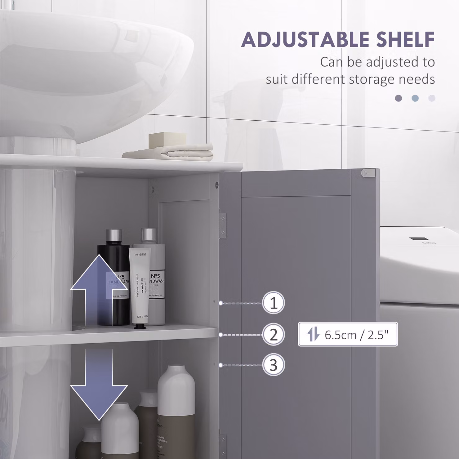 kleankin Vanity Vault Under-Sink Bathroom Storage Cabinet with Adjustable Internal Shelves and Hinged Doors, White and Grey – 2