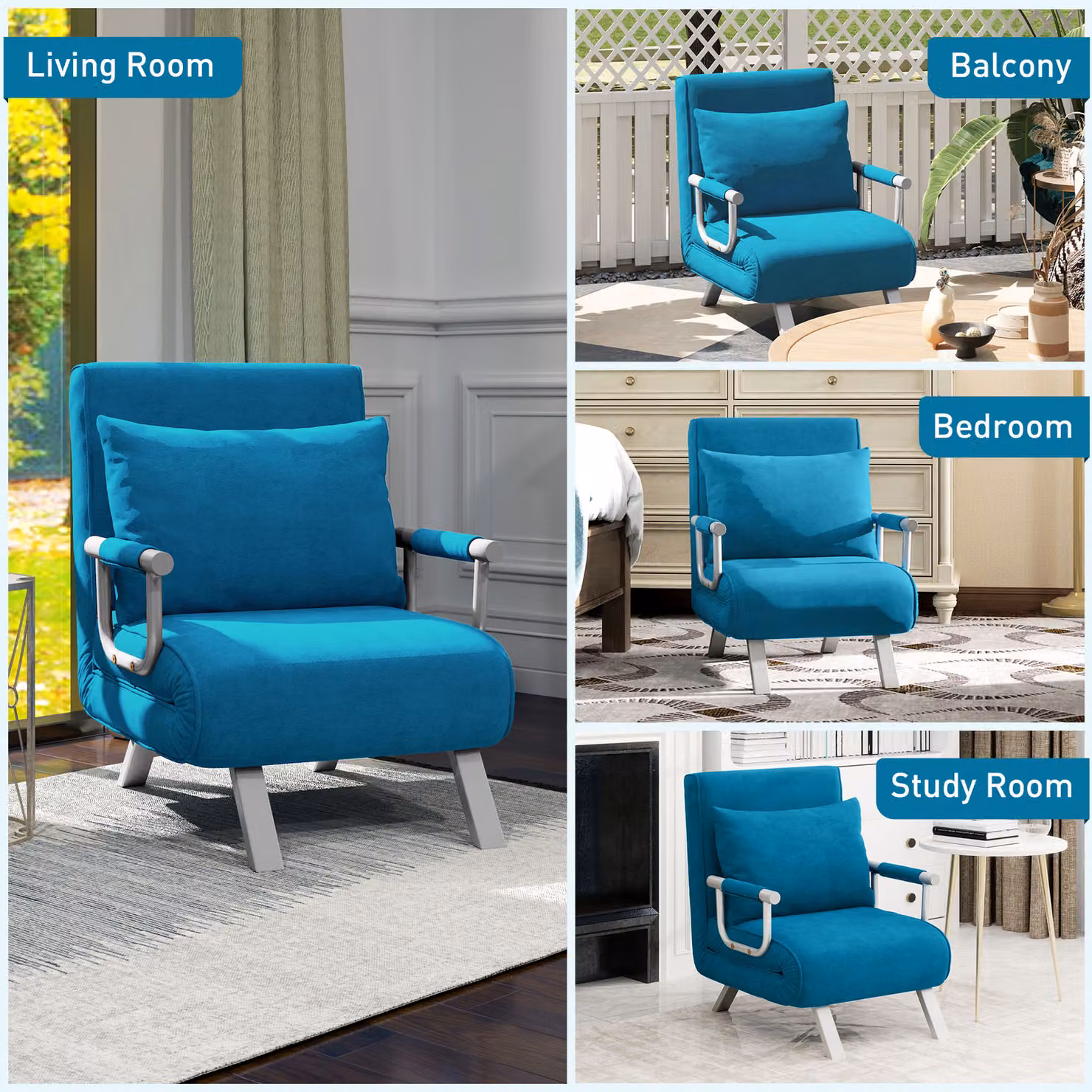 HOMCOM 4-in-1 Blue Faux Suede Chair Bed with Armrests and Metal Frame – 8