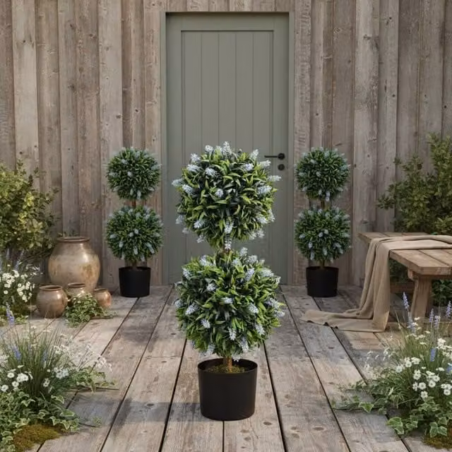 Wyld Haus Set of 2 Blue and Green Artificial Lavender Ball Topiary Trees in Metal Pots, Height: 70 cm – 1