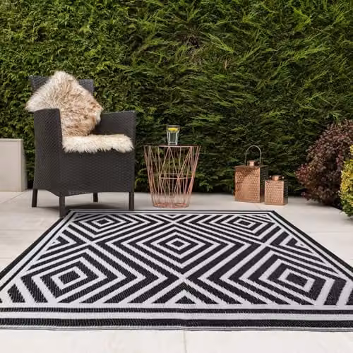 JVL Mosaic Tile Design Reversible Outdoor Patio Rug, Multicolour and Black, W: 150 cm, D: 210 cm – 6