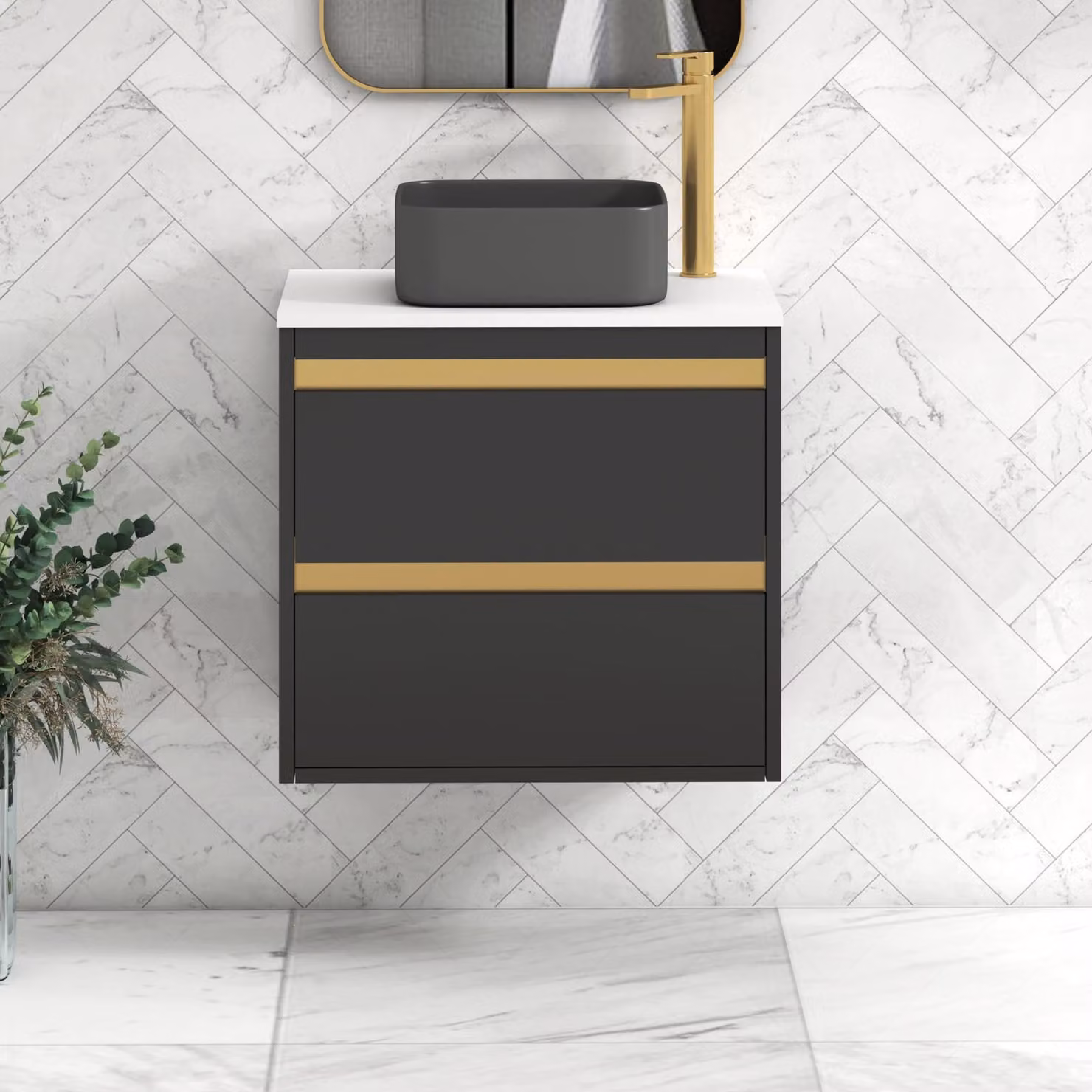 Royal Bathrooms Orion 600mm Matt Obsidian Black Wall Hung Vanity Unit with 2 Drawers, Plain White Countertop and Art Square Basin with Brushed Brass Accent Trim