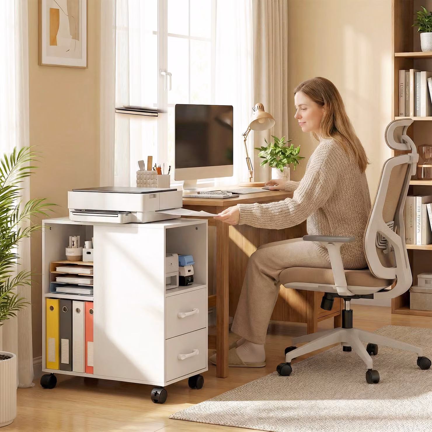 HOMCOM Narrow Mobile Printer Table with Wheels and Drawers, White, W/D/H: 30 x 60 x 65 cm – 5