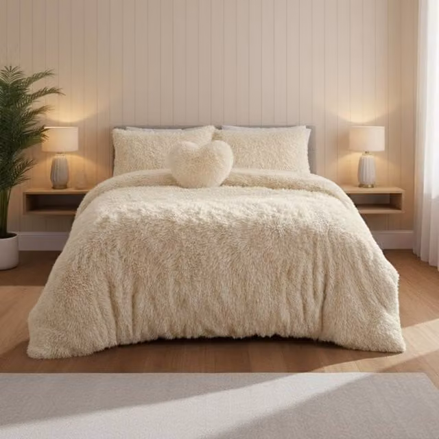 Snug City Super Fluffy Duvet Cover and Pillowcase Set, Beige, W: 180 cm, D: 200 cm