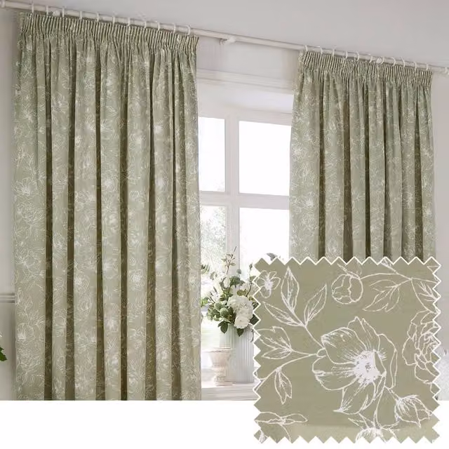 Wylder Bella Floral 100% Cotton Pencil Pleat Curtain Pair in Green, Width: 168 cm, Drop: 183 cm