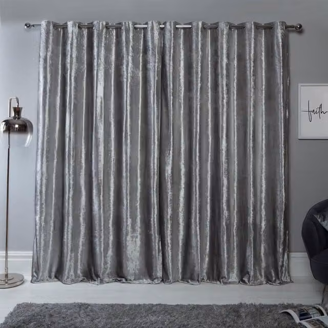 Sienna Pair of Silver Crushed Velvet Thermal Insulating Eyelet Curtains, Width: 137 cm, Height: 167 cm