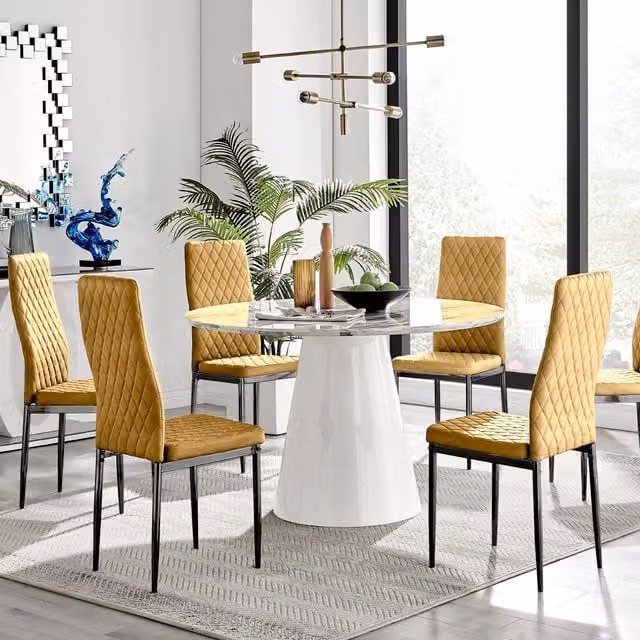 Furniturebox Palma Round Marble Effect Dining Table and 6 Milan Velvet Chairs in Mustard