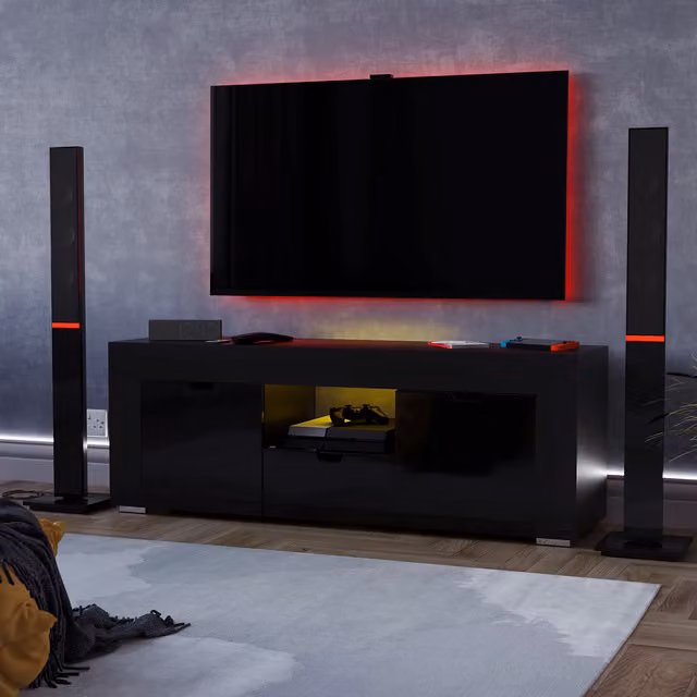 Vida Designs Eclipse Modern Glossy Black 2 Door 1 Drawer LED TV Unit with Glass Details