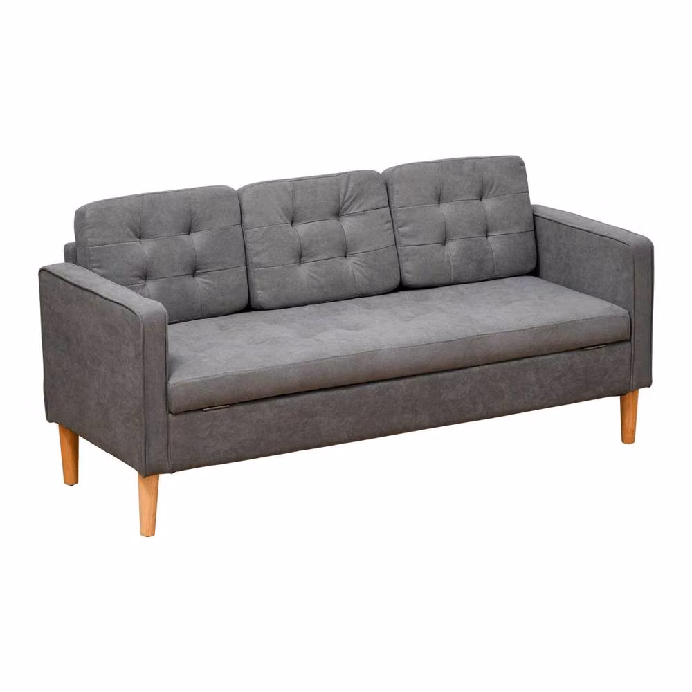 Wyld Haus Grey Fabric 3 Seater Sofa with Hidden Storage, Tufted Seat and Rubberwood Legs – 2