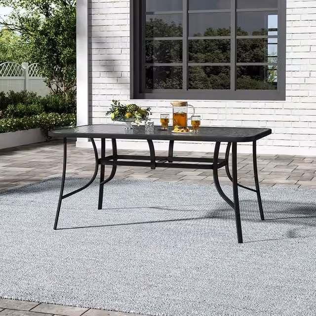 Breeins Modern Black Outdoor Garden Table with Tempered Glass and Metal Frame