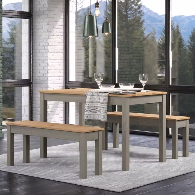 Core Products Ltd Linea Grey Pine Table and 2 Bench Seat Set, Grey Washed Wax, W: 150 cm, D: 75 cm, H: 75 cm
