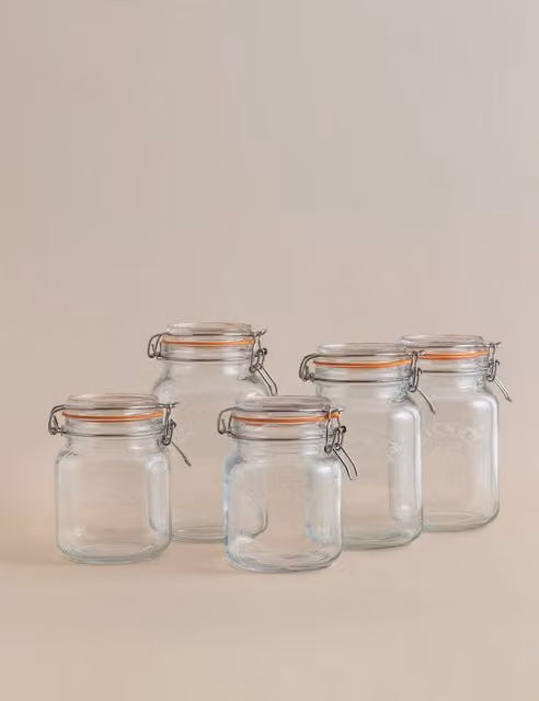 Kilner Set of 5 Transparent Glass Square Clip Top Pantry Jars with Stainless Steel Leakproof Lids