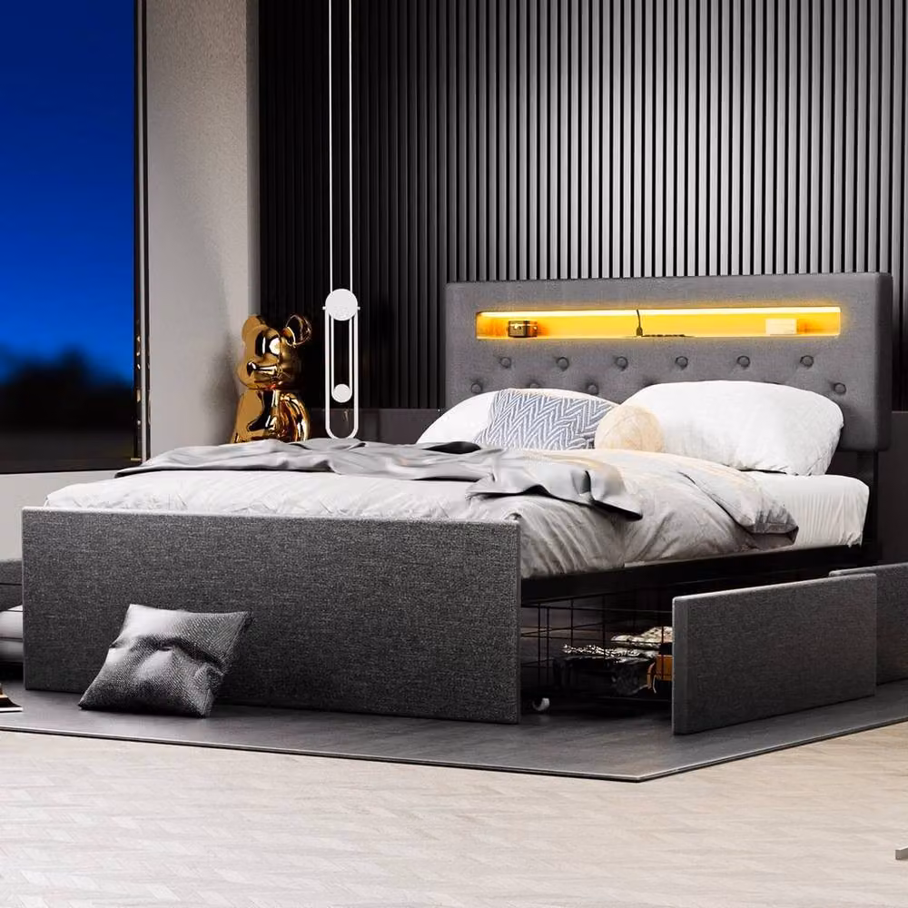 SPETLEK Cot Bed Frame with Upholstered Headboard, LED Under-Bed Lighting, USB Charging Port and Bedside Shelf in Light Grey – 4