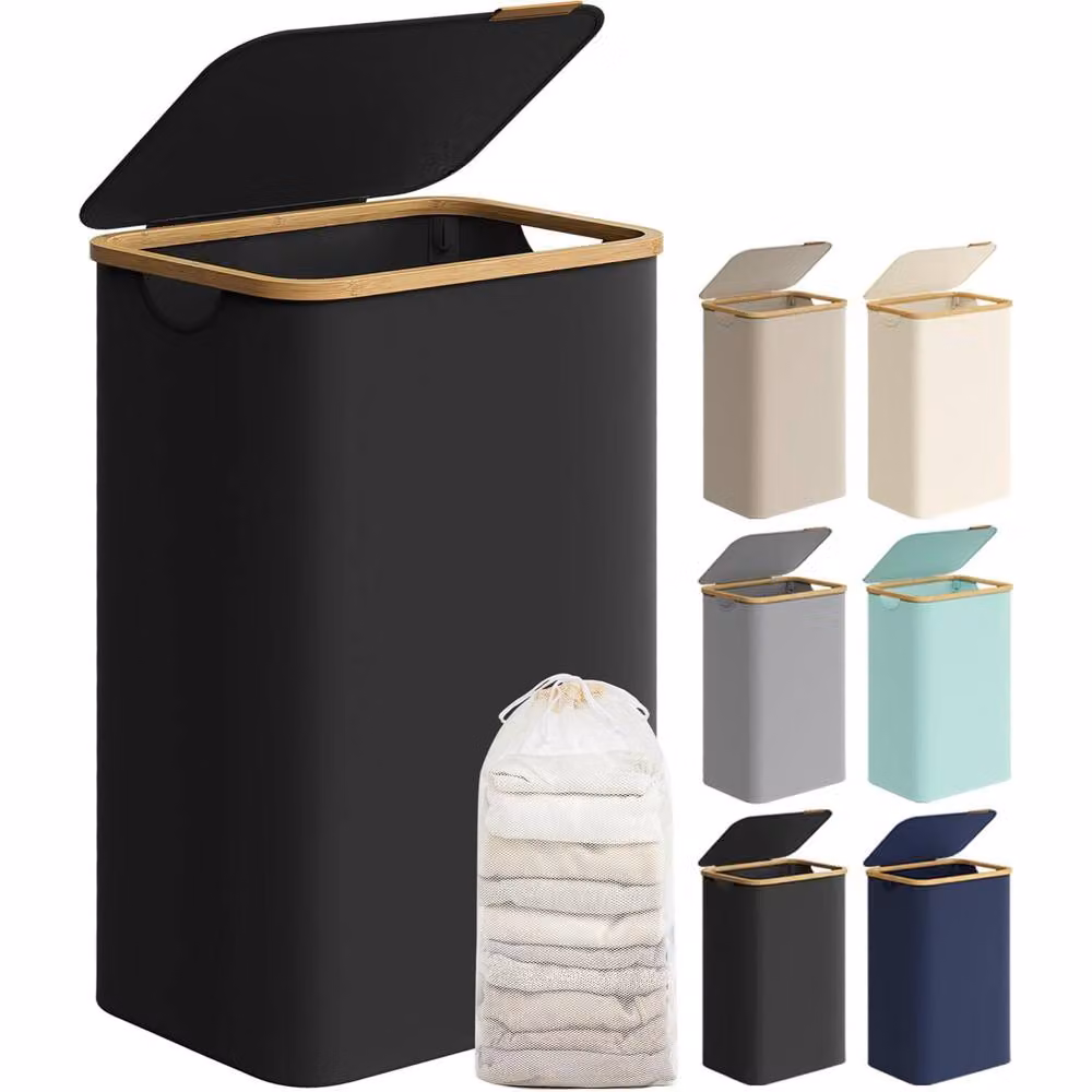 The Bazaarist Laundry Hamper with Lid, Removable Liner and Bamboo Handles, Black – 2