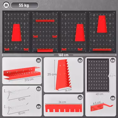 HOMCOM 38 Piece Wall-Mounted Steel Pegboard with Hooks, 4 Panels, Black and Red – 5