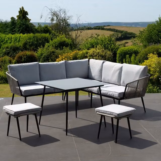 Artemis Home Sartene Outdoor Dining Set with Corner Bench and Square Table in Grey and Black Polyrattan