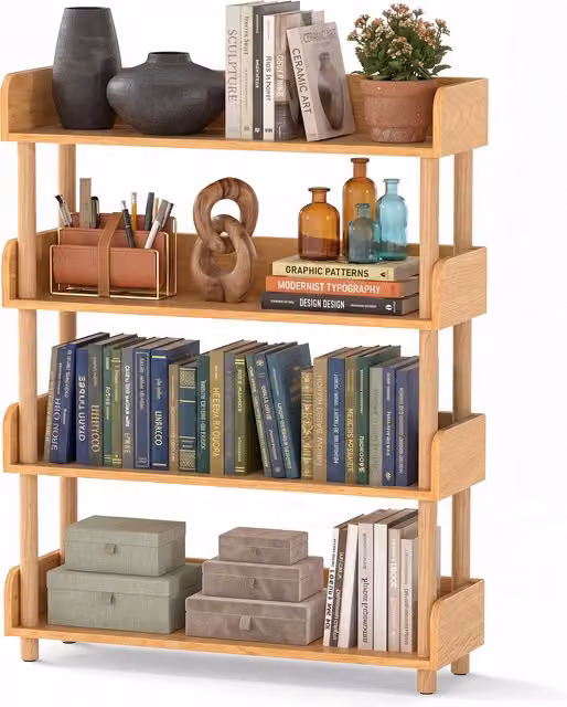 COSTWAY 4-Tier Minimalist Pine Wood Bookshelf in Brown