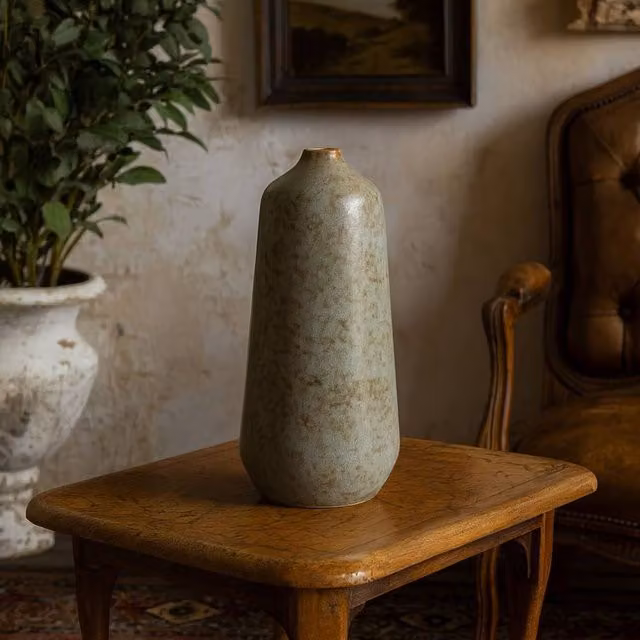 Wyld Haus Kala Rustic Ceramic Tabletop Bottle Vase in Grey, Brown and Blue, H 47.0 cm x W 21.0 cm x D 21.0 cm