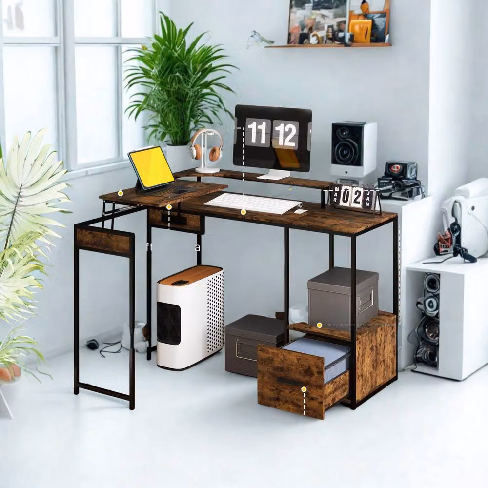 FURNOS Industrial L Shaped Corner Computer Desk with Storage in Brown and Black, W/D/H: 137.5 x 110 x 76.5 cm – 2