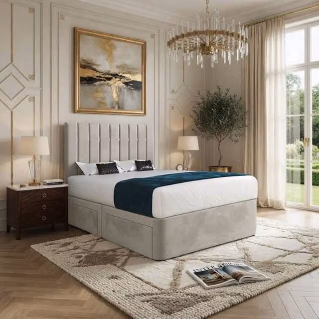 KDMD Quatt Modern Upholstered Velvet Designer Bed Frame in Beige and Cream, W/D/H: 120 x 200 x 137 cm