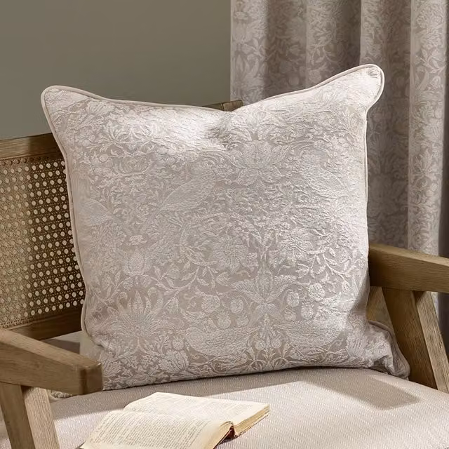 Morris & Co Strawberry Thief Jacquard Cushion in Beige, W x W: 55 x 55 cm