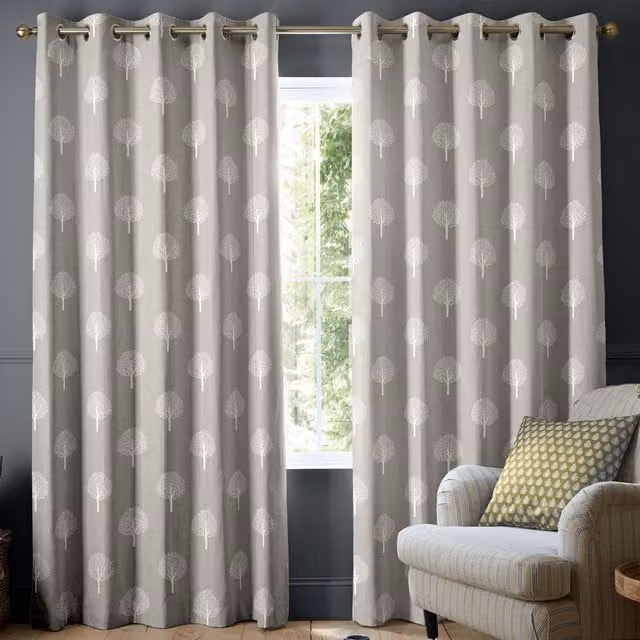 Emily Bond Yew Tree Made to Measure Blackout Fabric Curtain in Pebble with Floral Design